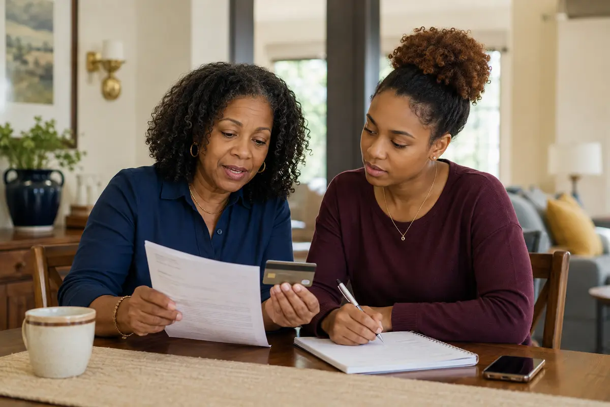 Mother and adult daughter discussing responsible authorized-user credit building