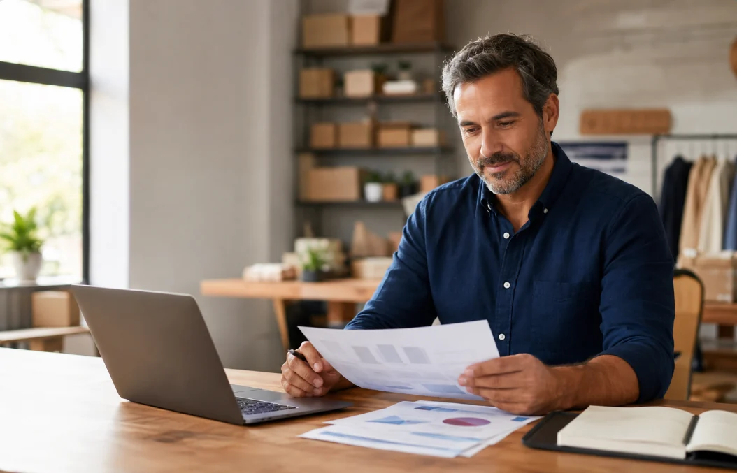 Small-business owner reviewing business funding options and financial documents