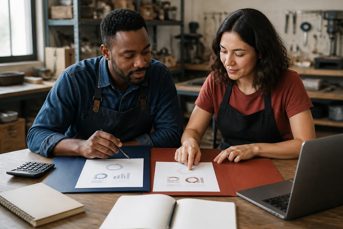 Small-business partners comparing a line of credit with a term loan.