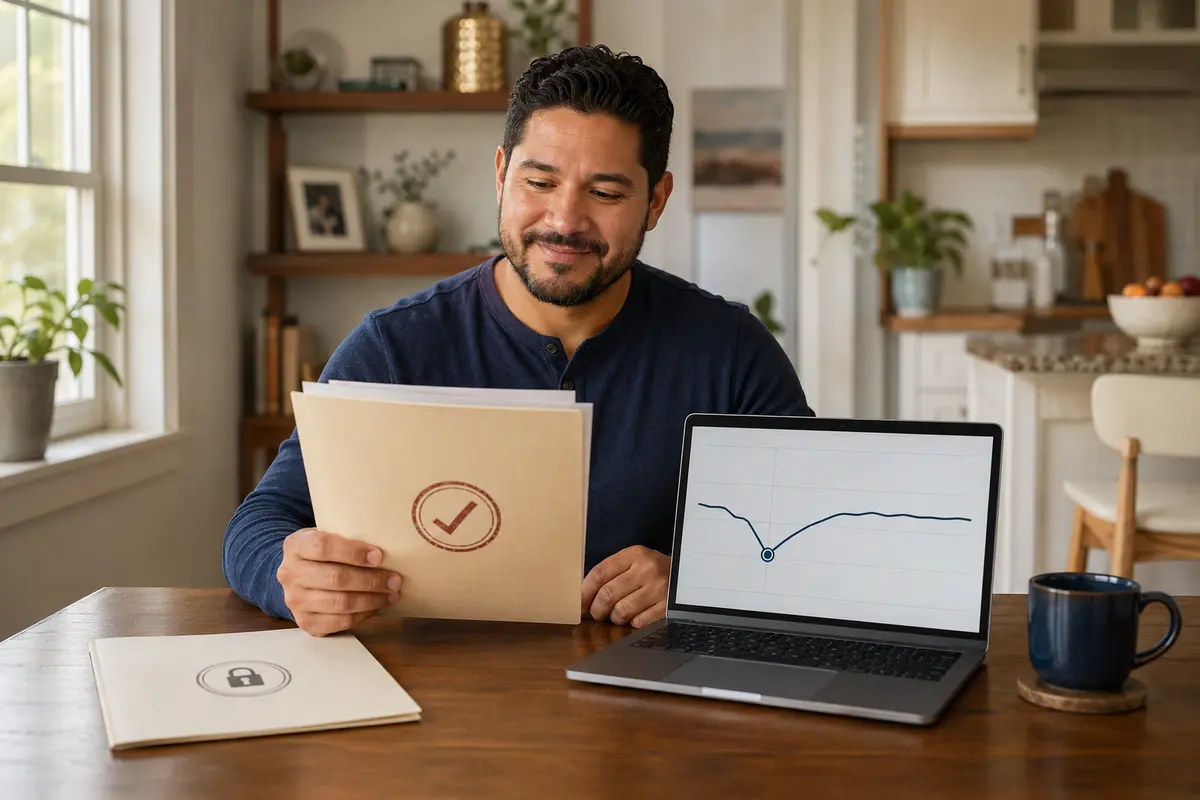 Man reviewing a temporary credit score change after paying off debt