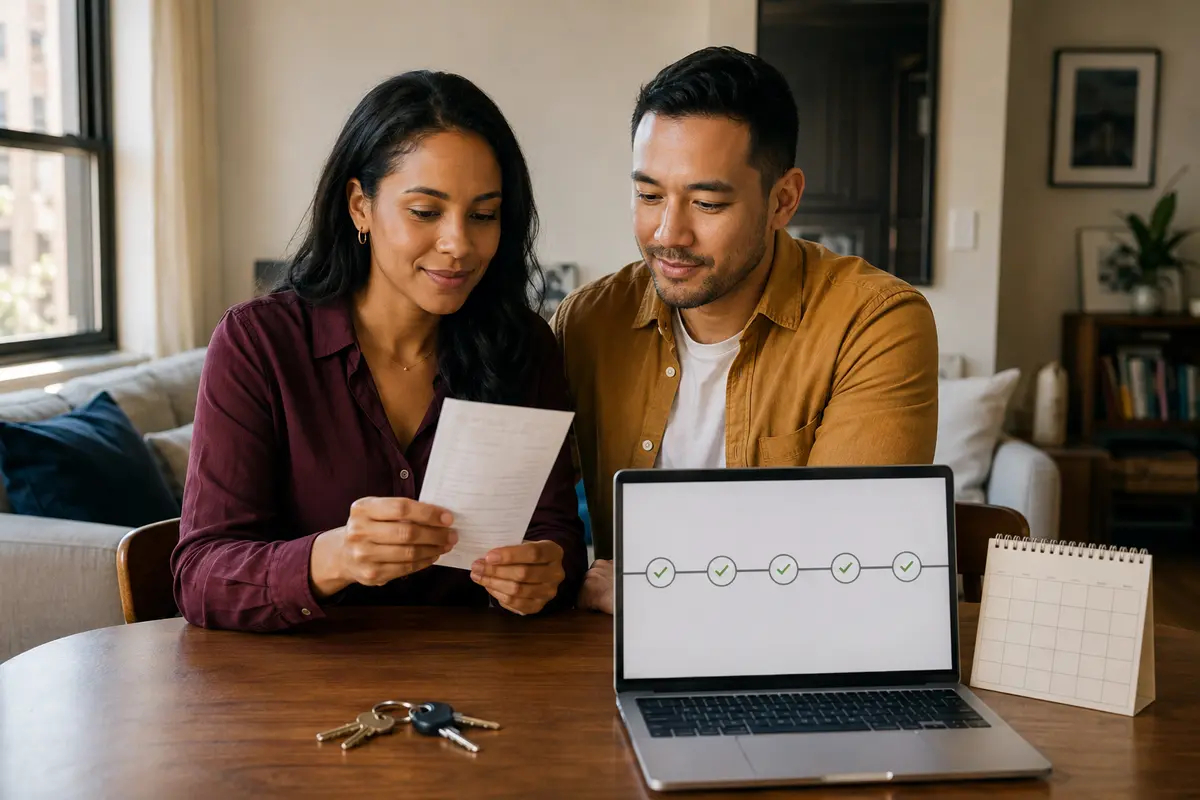 Couple reviewing how consistent rent payments may support credit building
