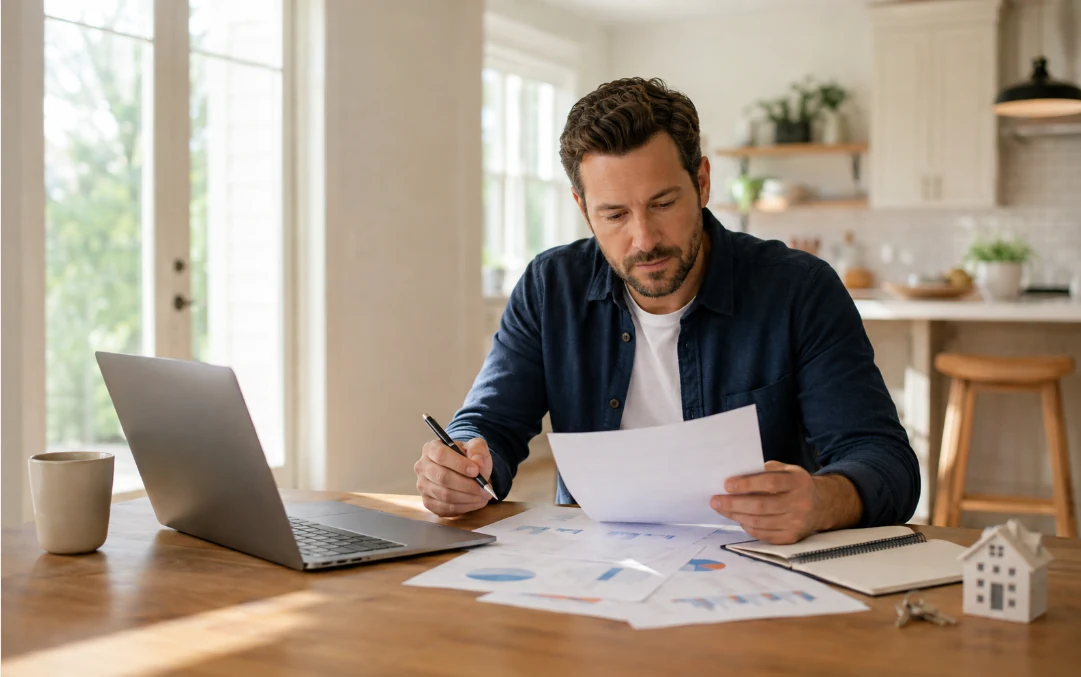 Prospective homebuyer reviewing credit progress and a home-buying plan
