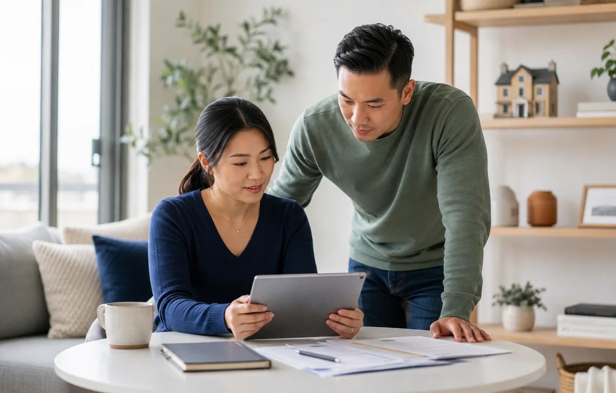 A couple reviewing their credit information on a tablet together in their living room