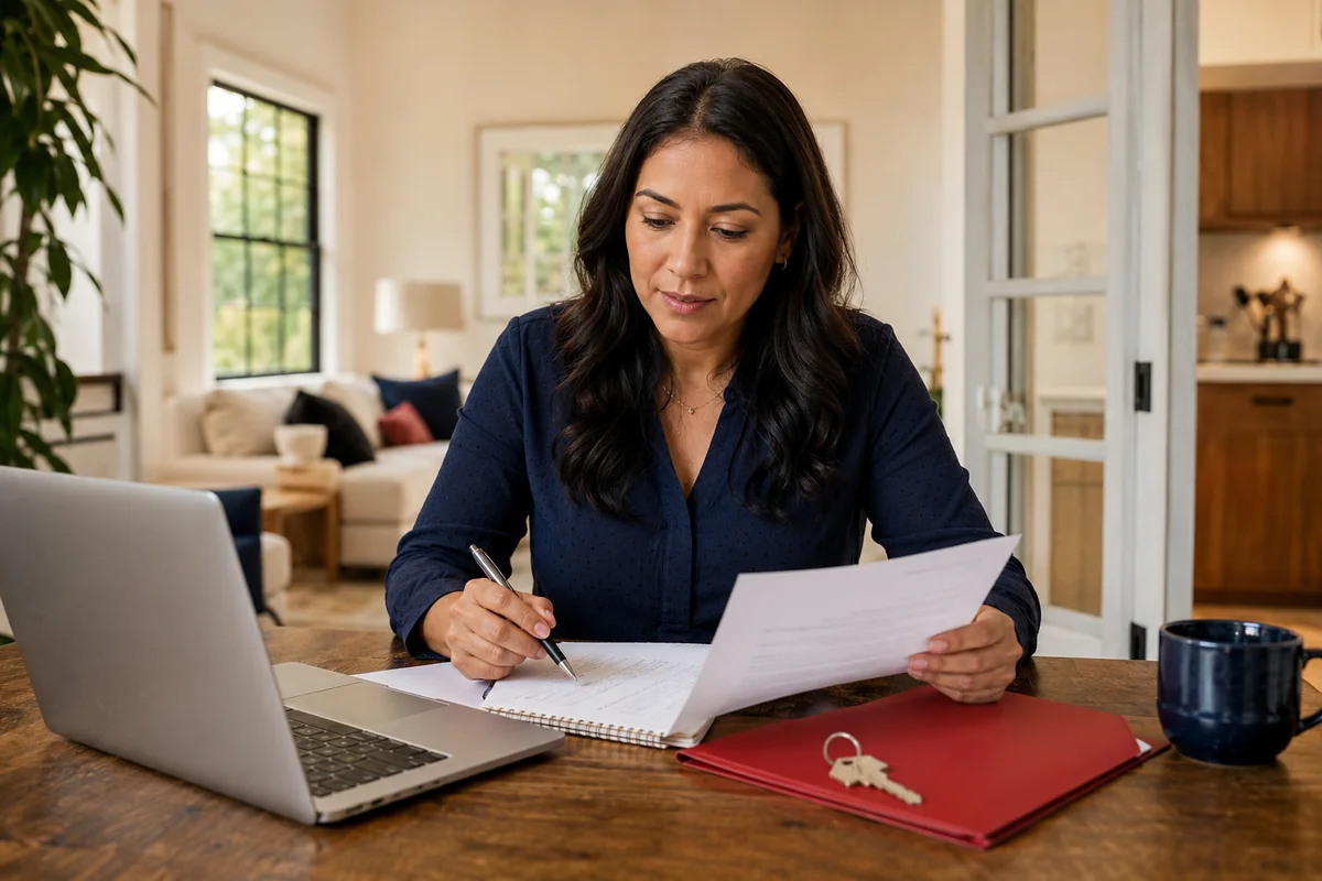A woman making notes on a credit document at her dining table, with a laptop and a red folder of paperwork beside her