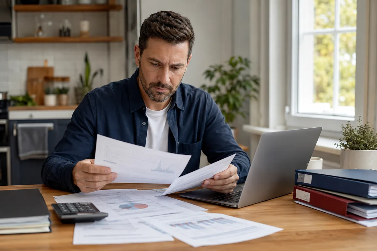 Small business owner reviewing credit monitoring documents before applying for business funding.