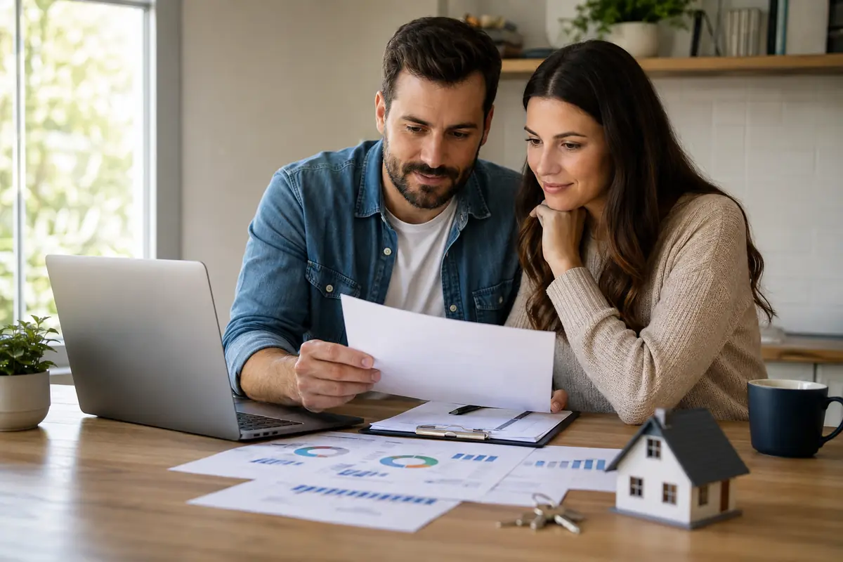 Couple reviewing mortgage paperwork and credit reports at home before buying a house.