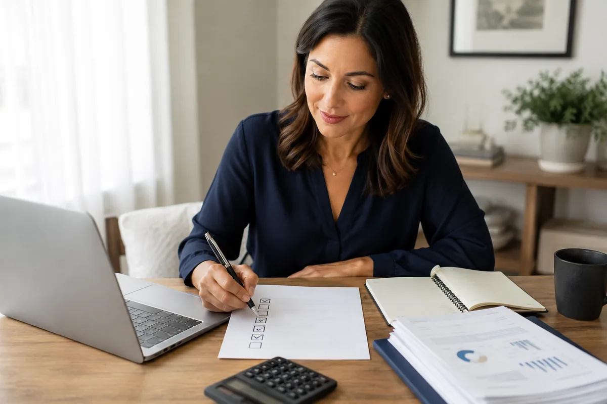 Woman checking off a credit readiness checklist beside a laptop and financial documents.
