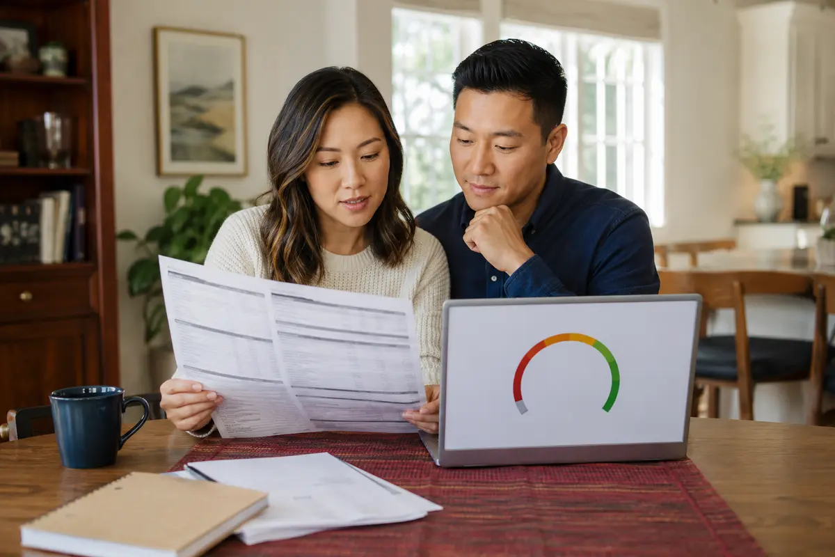 Couple comparing a detailed credit report with a credit score gauge