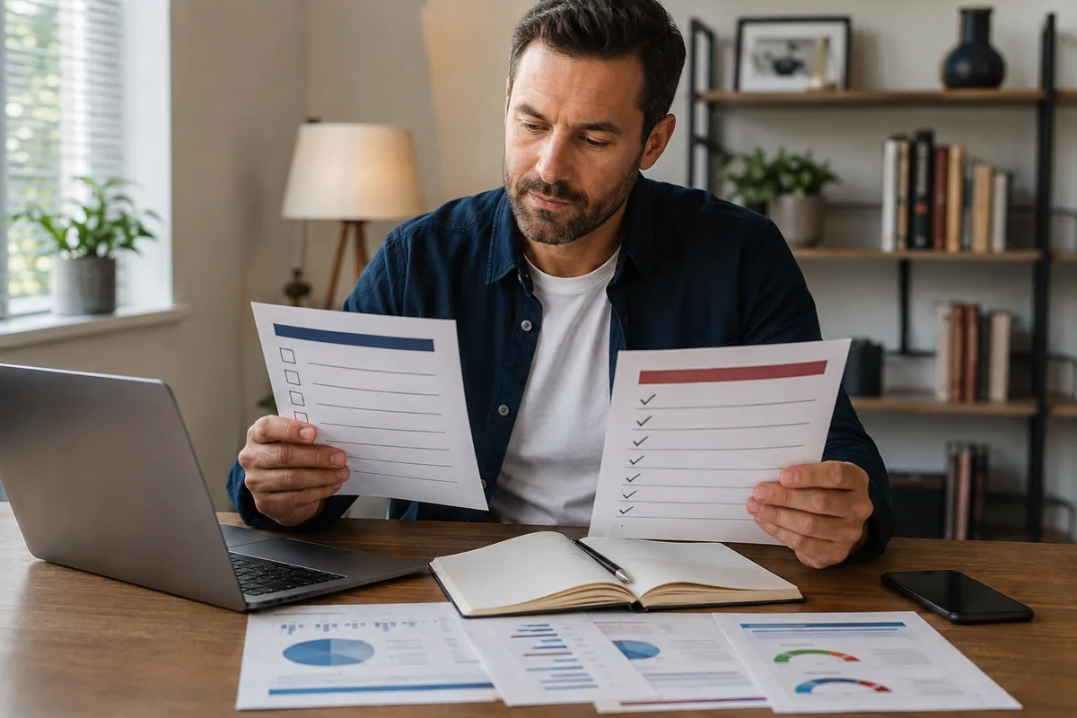 Man at a desk comparing a blank checklist against a completed checklist while reviewing credit documents.
