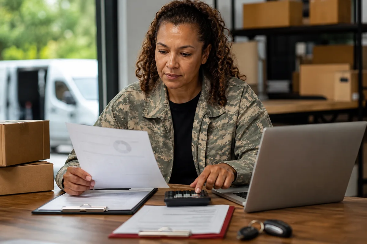 Business owner comparing a loan agreement with personal credit information.