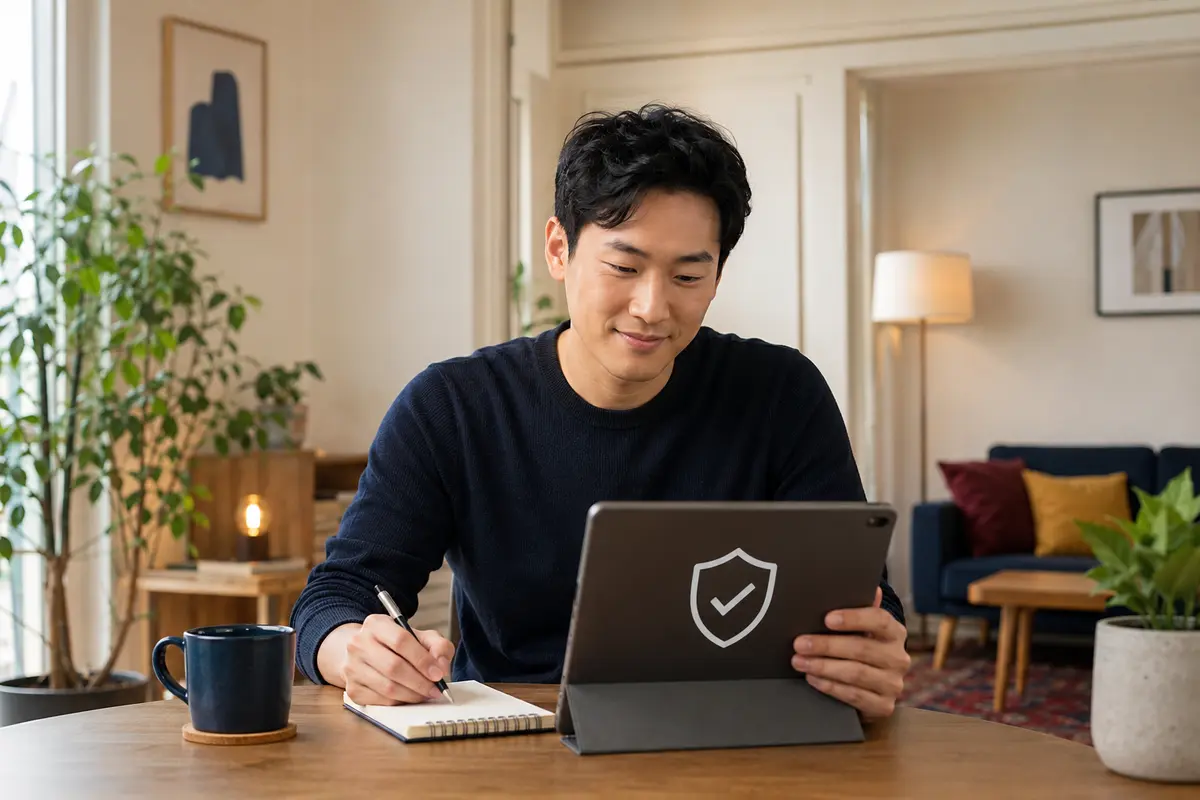 Man safely checking his own credit information on a tablet