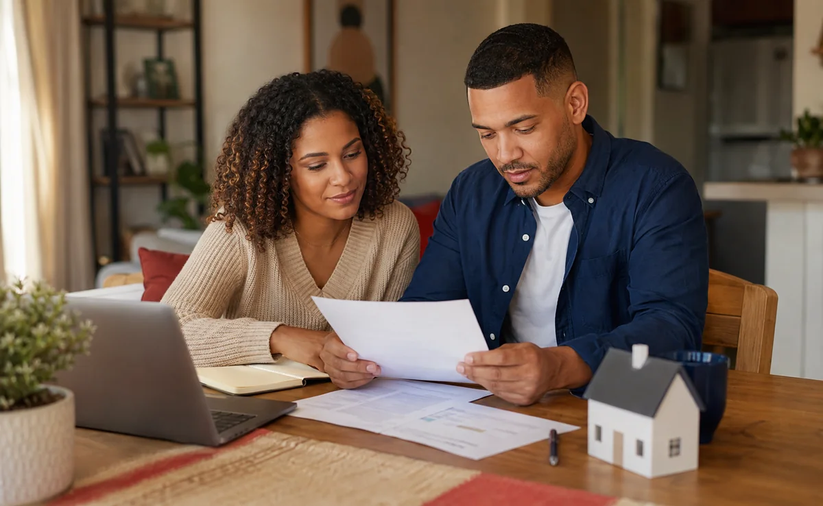 A couple reading a mortgage document together at their dining table, with a laptop and a small house model beside them