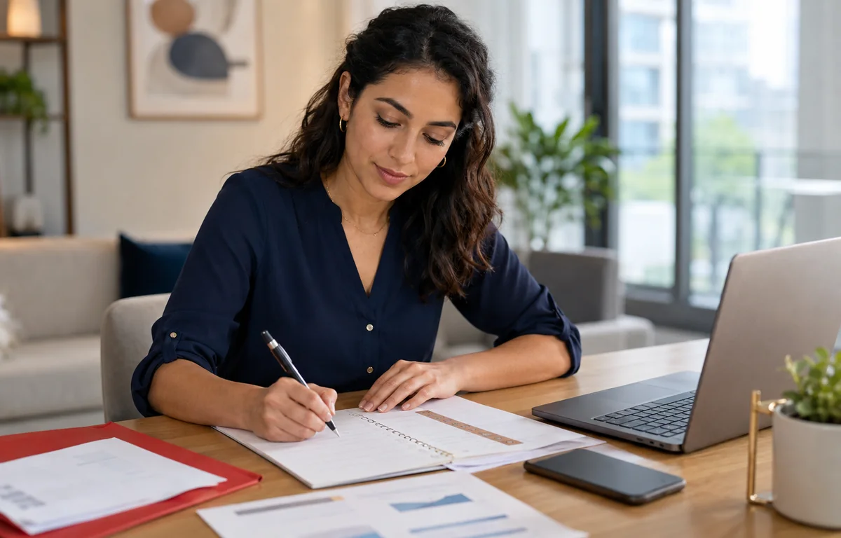 A woman working through a checklist in a planner at her desk, with a document folder and a laptop beside her