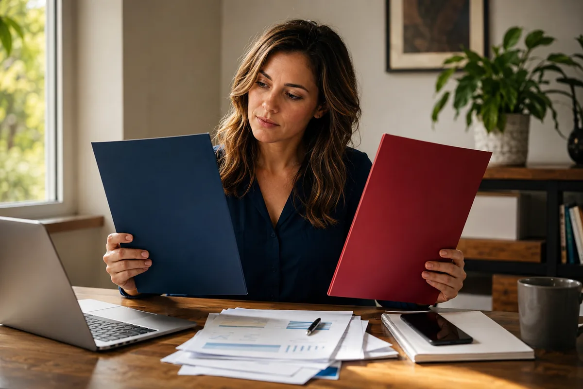 Woman comparing two folders for fraud alert and credit freeze options.