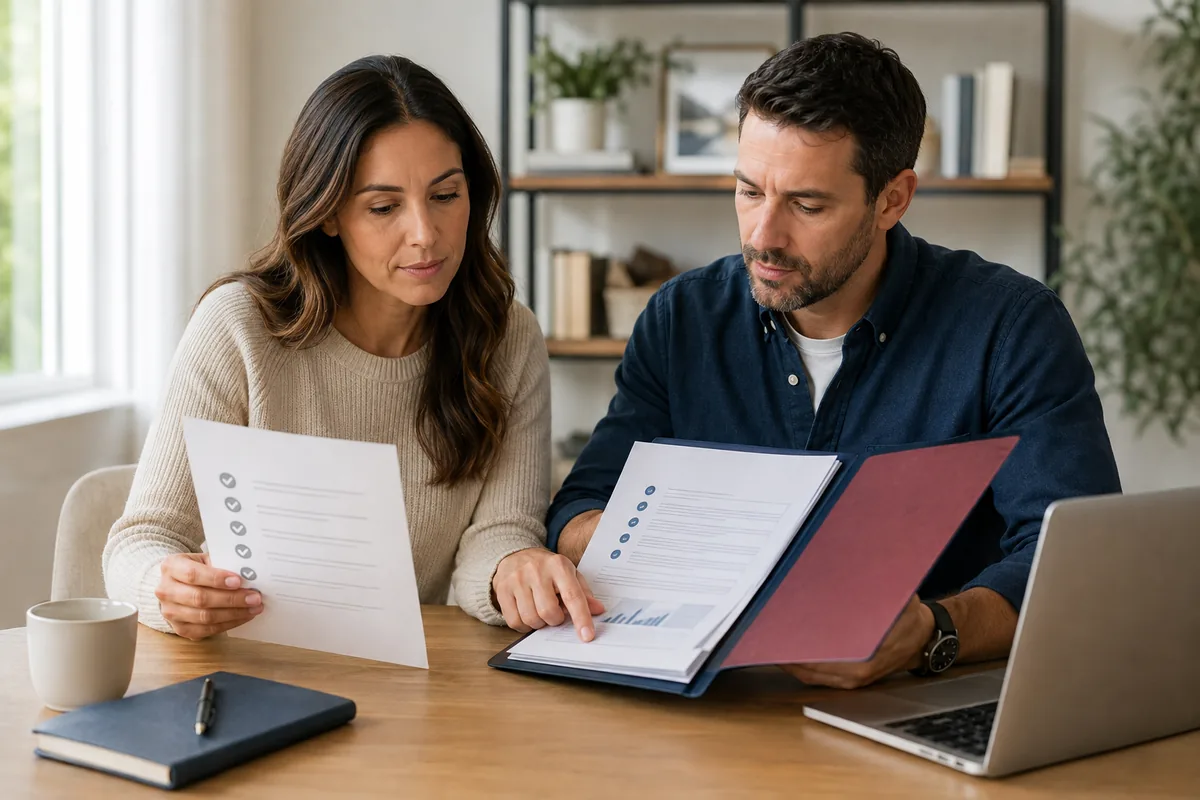 Couple comparing free and professional credit monitoring documents at a table.