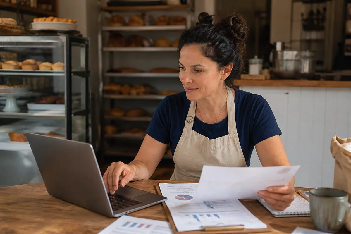 Bakery owner reviewing cash flow and business line of credit options.