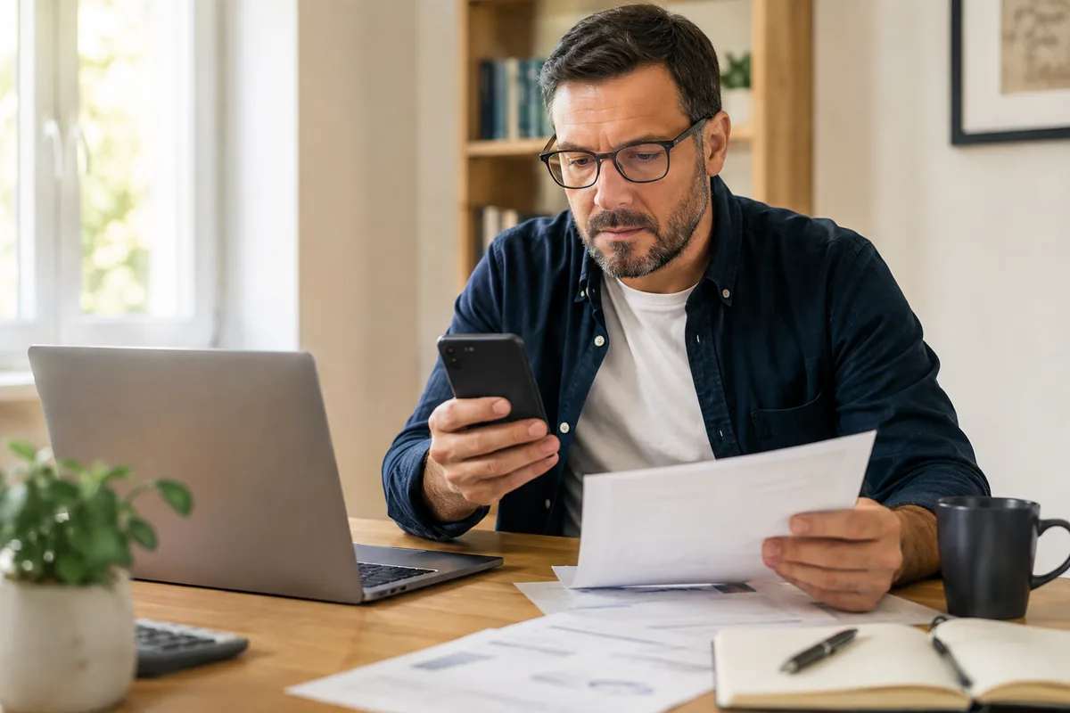 Man checking a phone alert while reviewing credit documents beside a laptop.