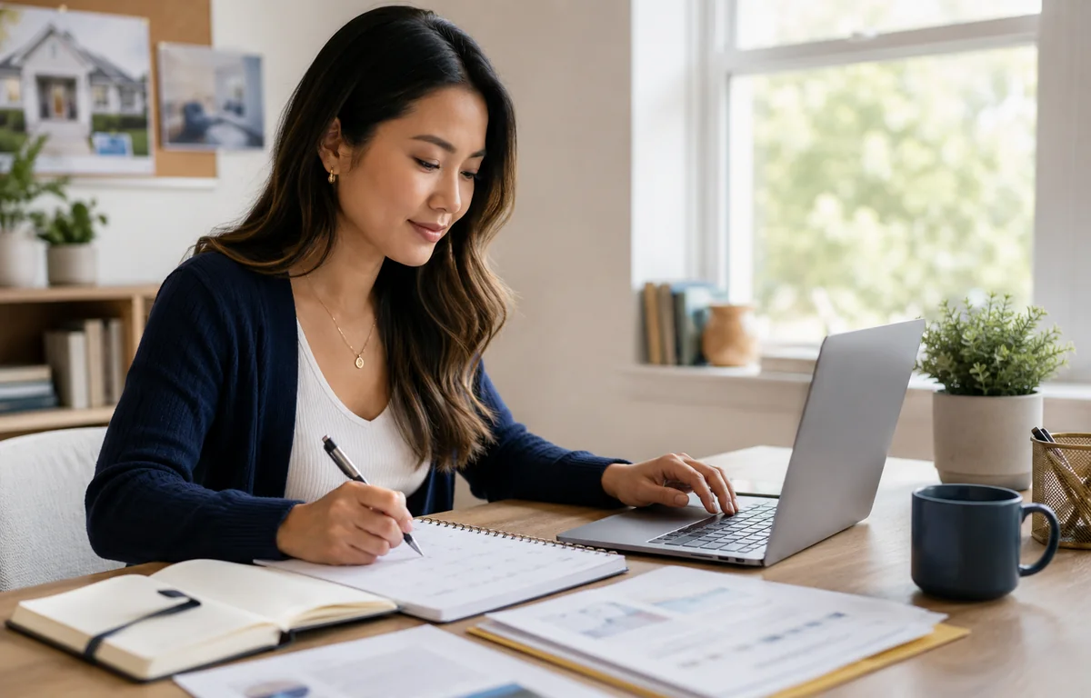 A woman marking dates on a planner at her desk, with home listings pinned on the board behind her