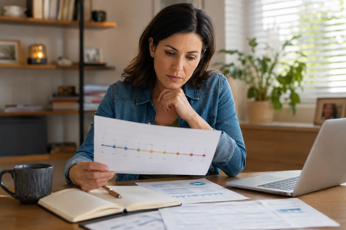 Woman reviewing a credit reporting timeline chart at a home office desk.