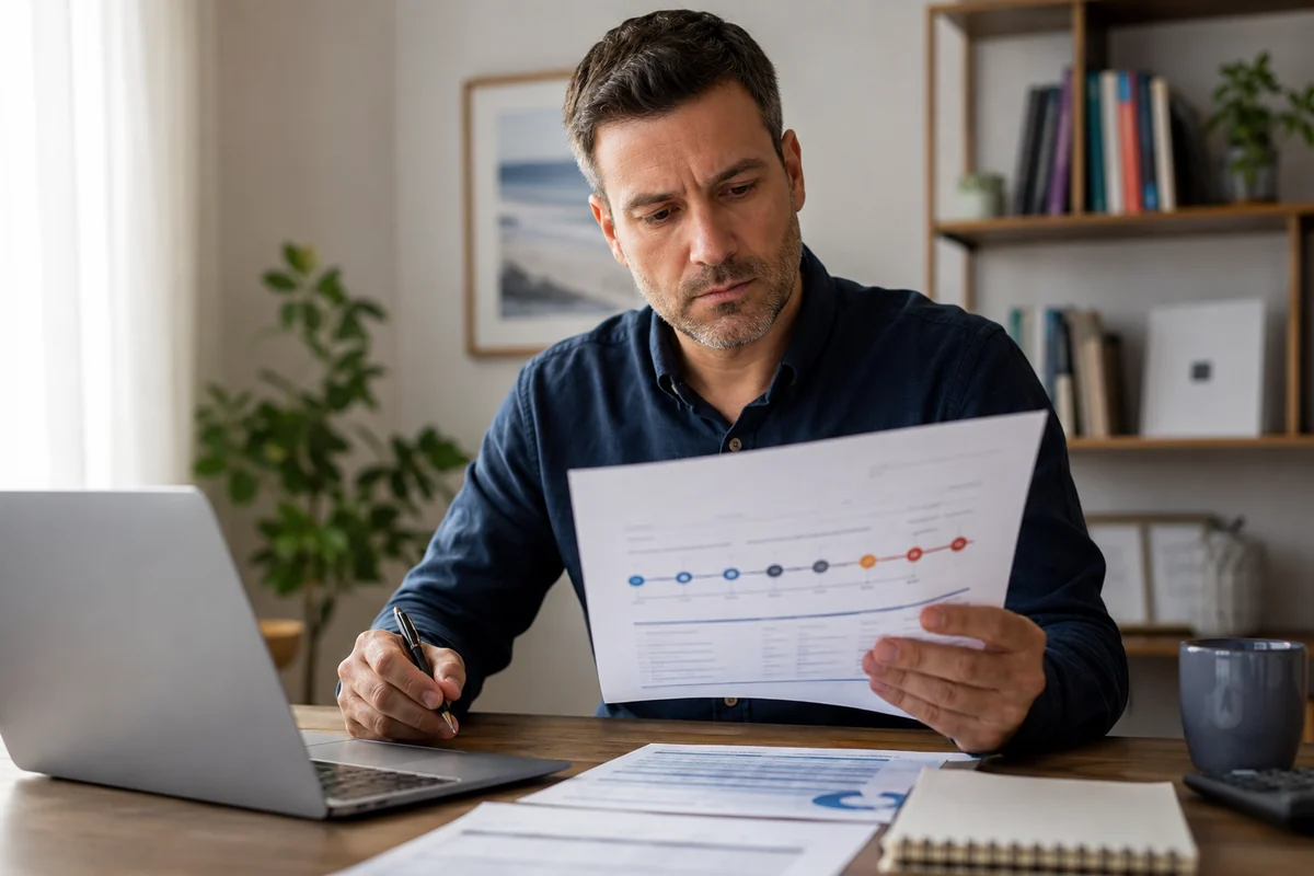 Man reviewing a payment history timeline chart while taking notes at his desk.