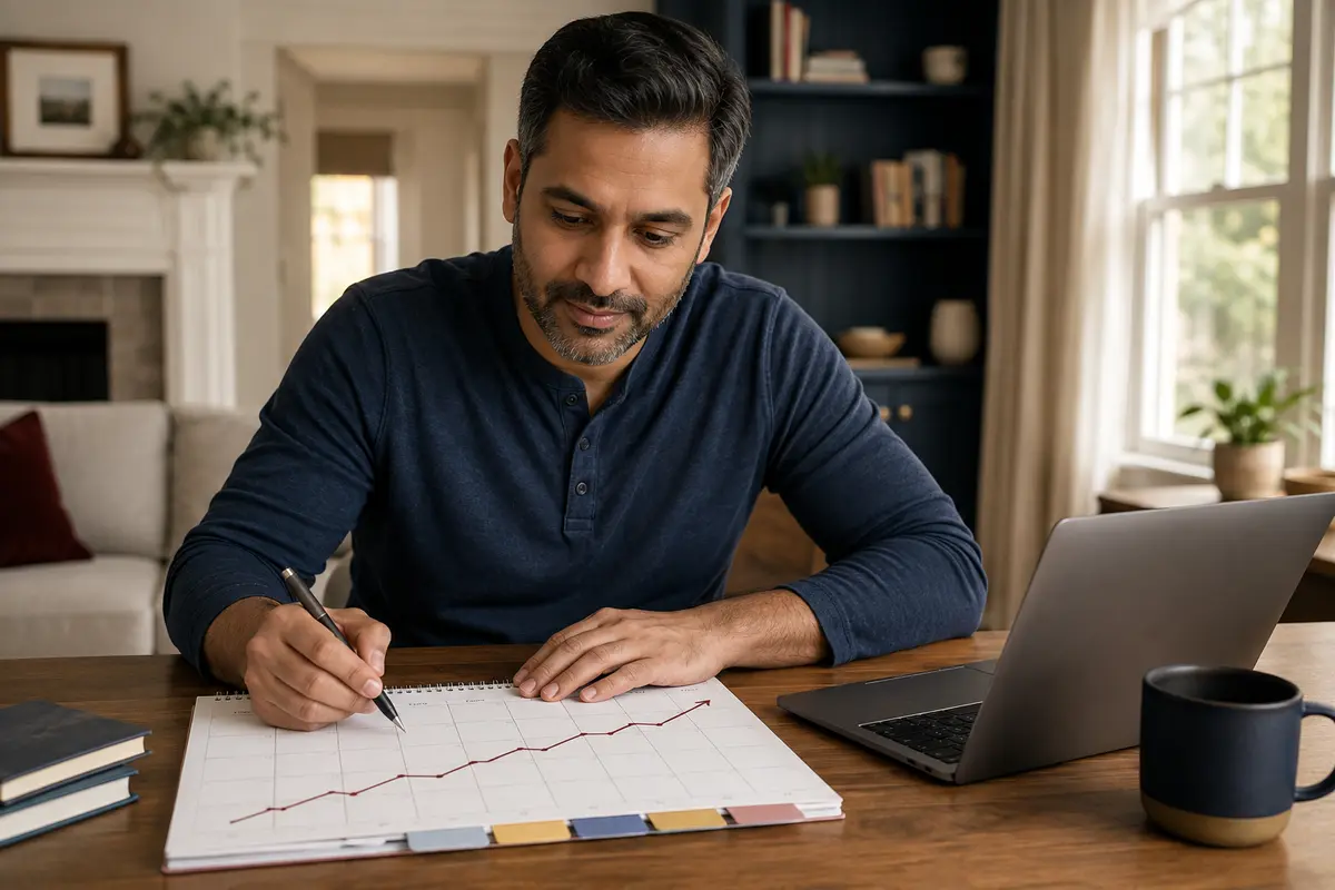 Man tracking gradual credit rebuilding progress over time