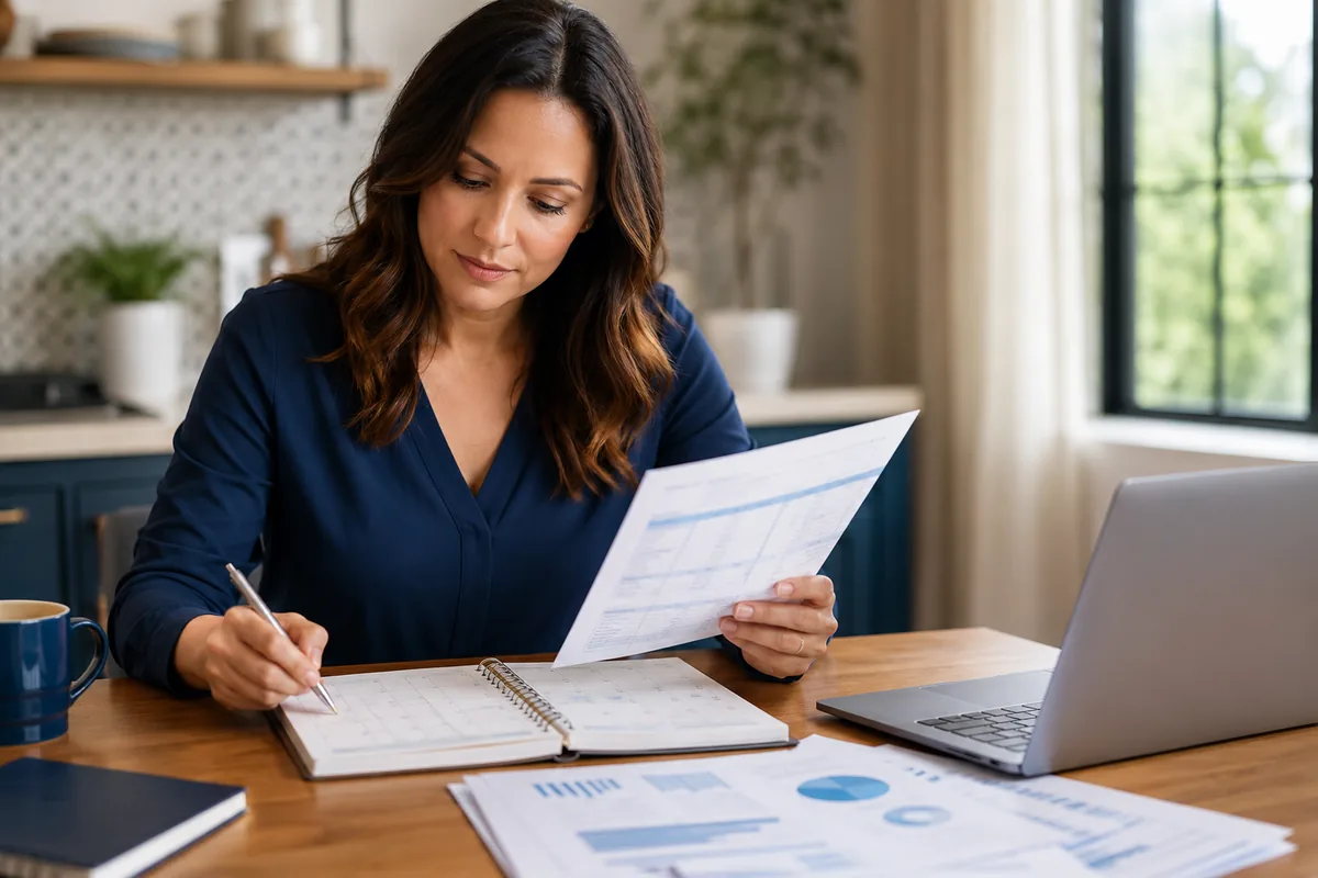 Woman using a planner while reviewing credit report documents at home.
