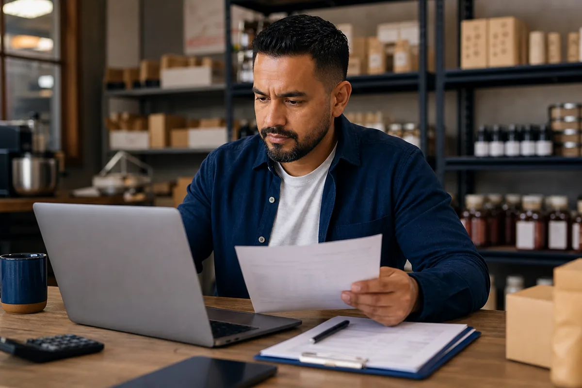 Small-business owner reviewing vendor accounts and business credit records.