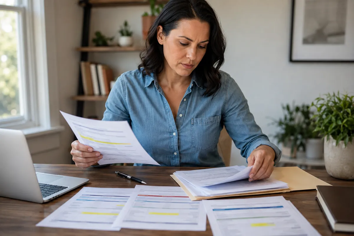 Woman reviewing highlighted credit report pages while preparing a dispute at her desk.