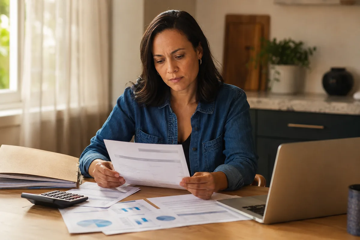 Woman reviewing a billing statement with a calculator while preparing a settlement offer.