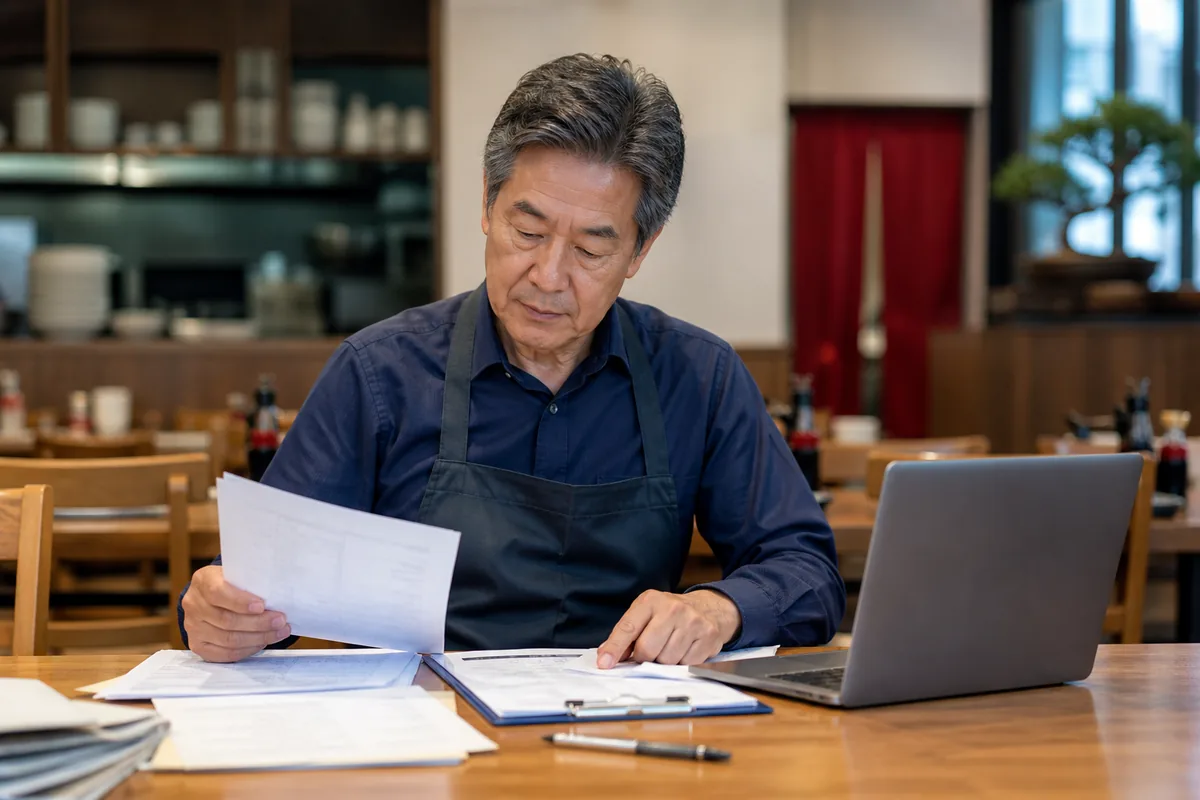 Restaurant owner organizing financial records before applying for business funding.