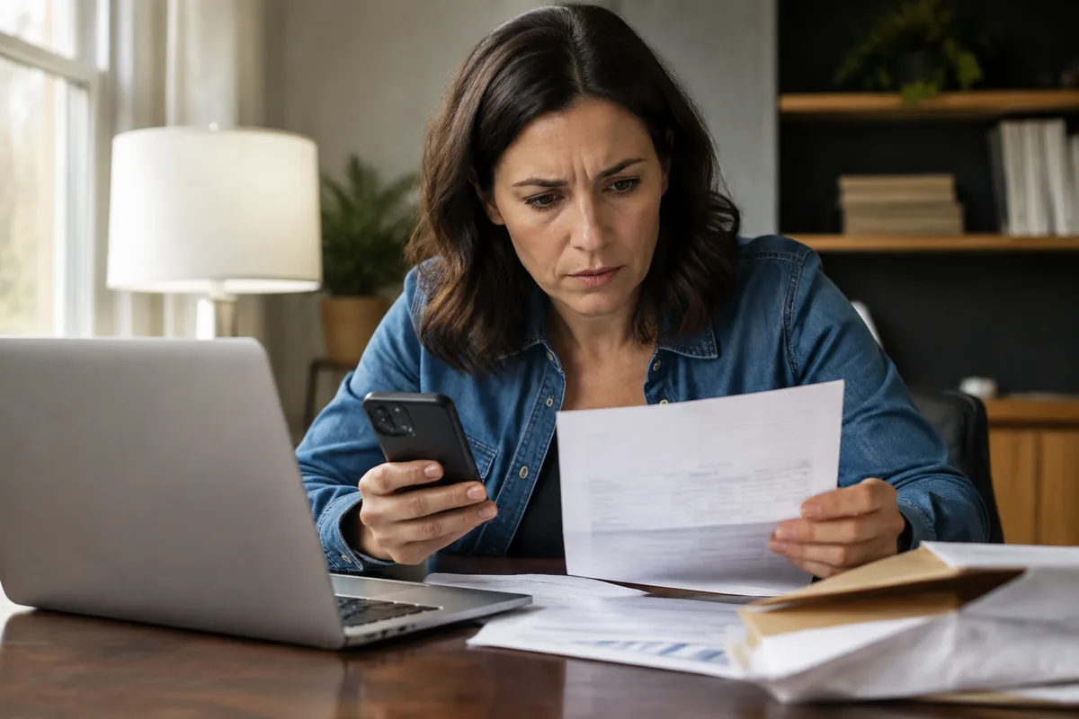 Concerned woman checking a phone and credit documents for signs of identity theft.