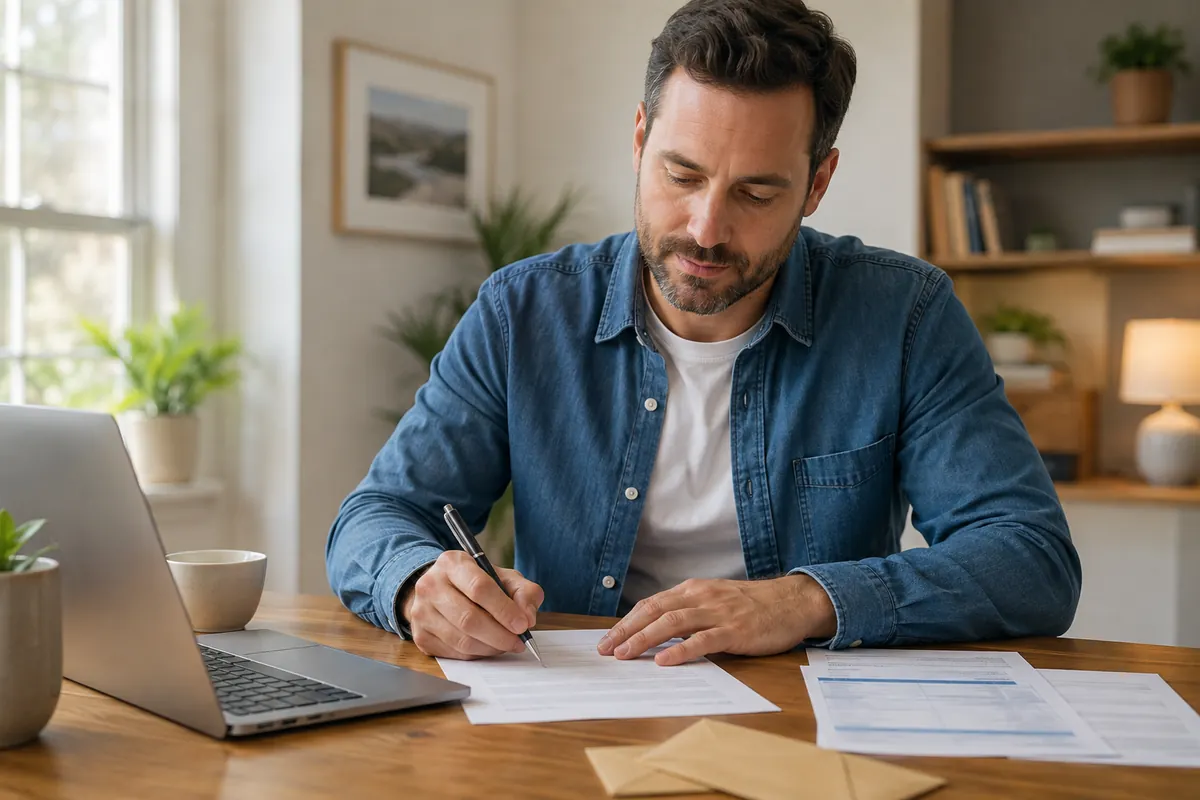 Man handwriting a goodwill letter to a creditor at a desk with envelopes and statements.
