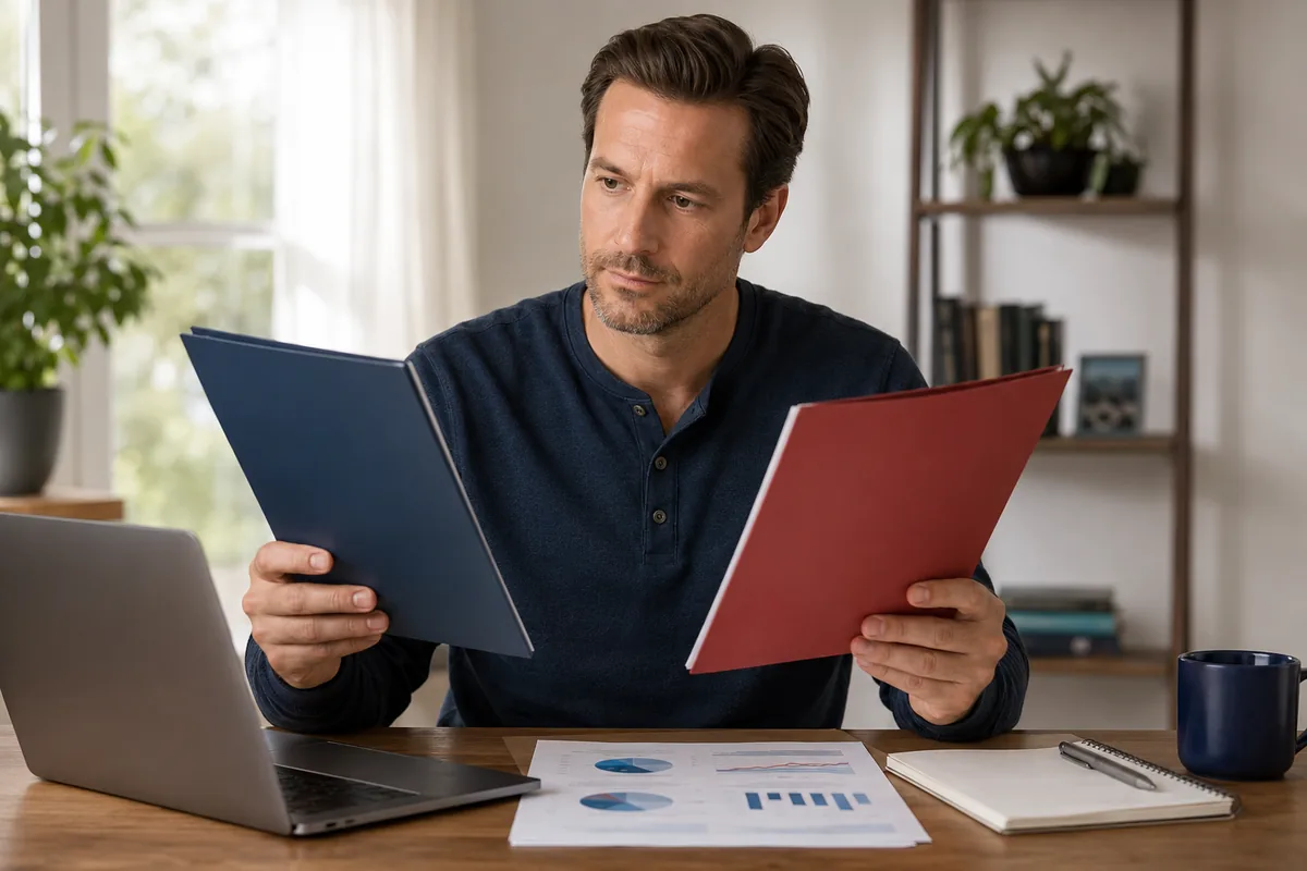 Man weighing two credit monitoring folders while reviewing financial documents.