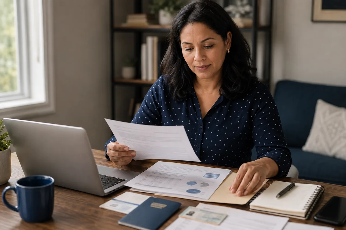 Woman organizing identification and credit monitoring documents at a home desk.