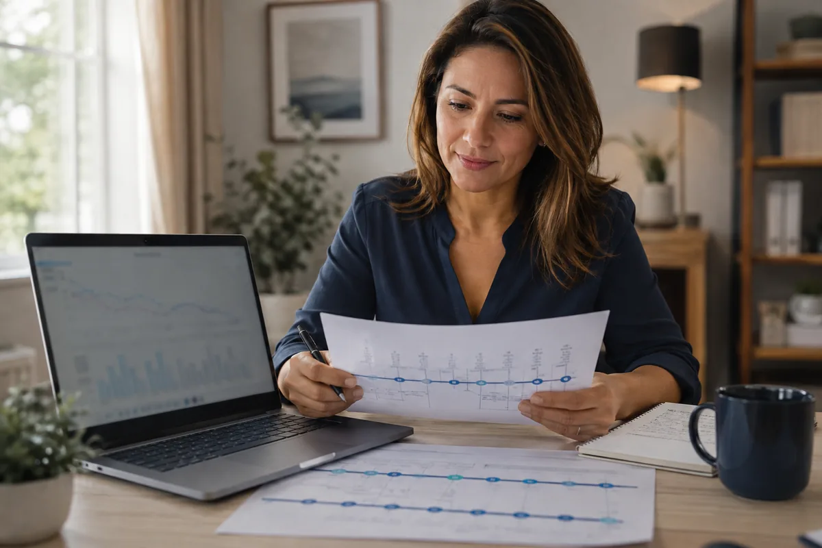 Woman reviewing credit score history timelines beside a laptop at home.
