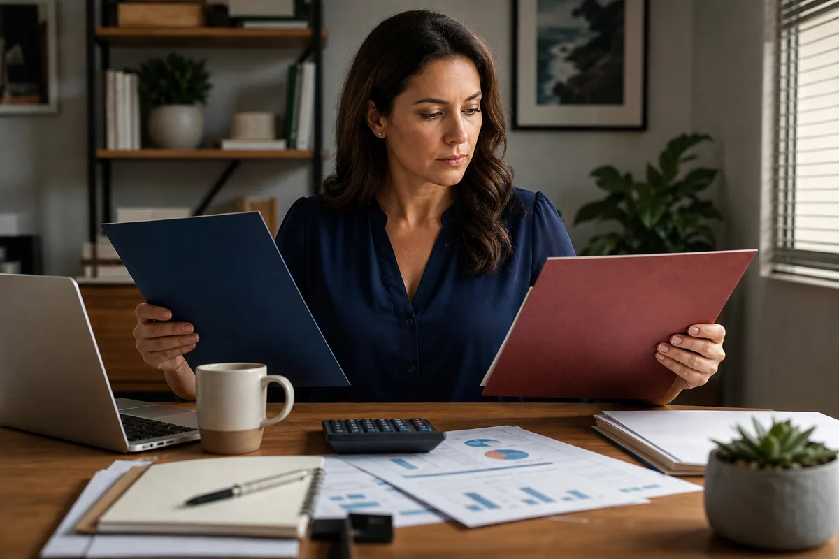Business owner comparing personal credit records with business credit records.