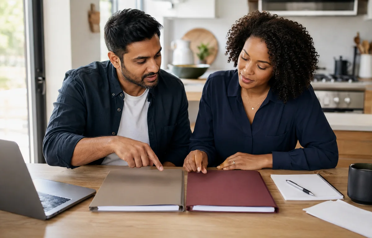 A couple comparing two loan document folders side by side at their kitchen table