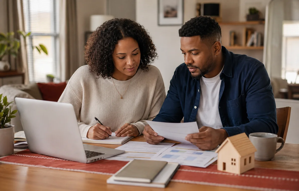 A couple at their kitchen table reviewing credit paperwork together, with a laptop, notes and a small wooden house model