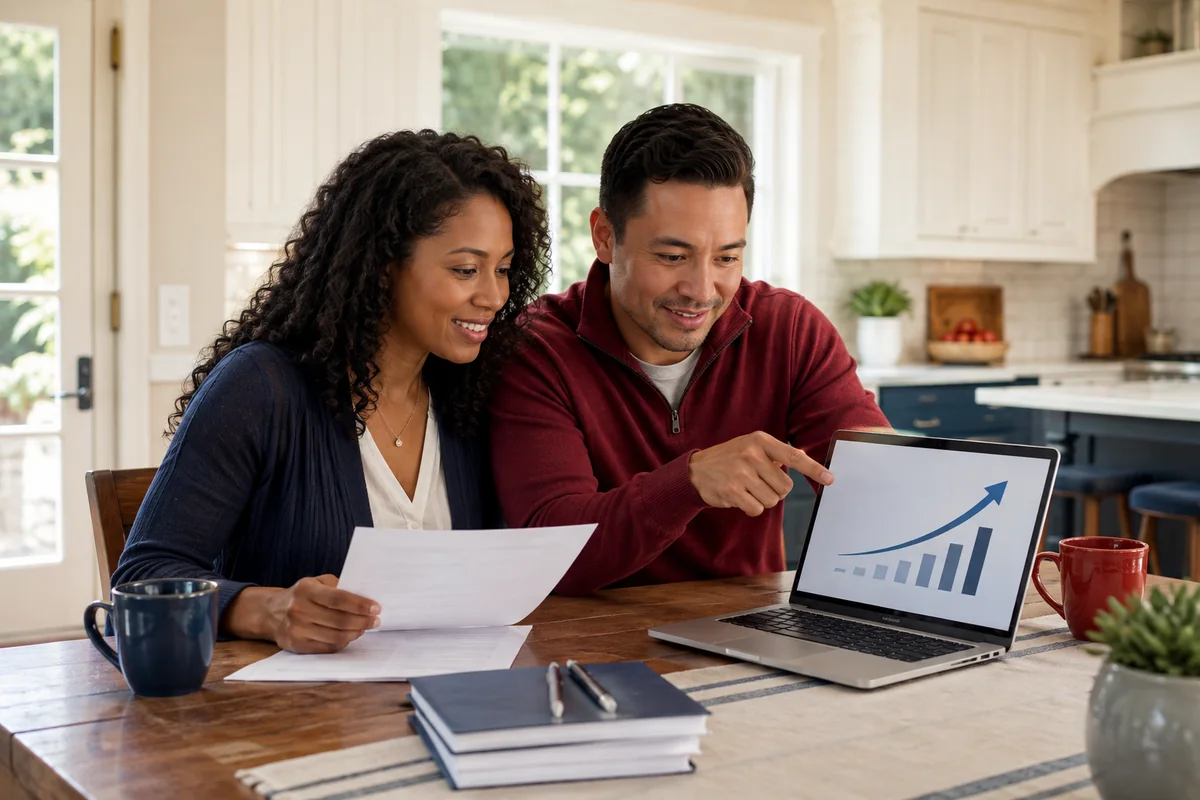 A couple at their kitchen table looking at a rising bar chart on a laptop while holding a printed statement