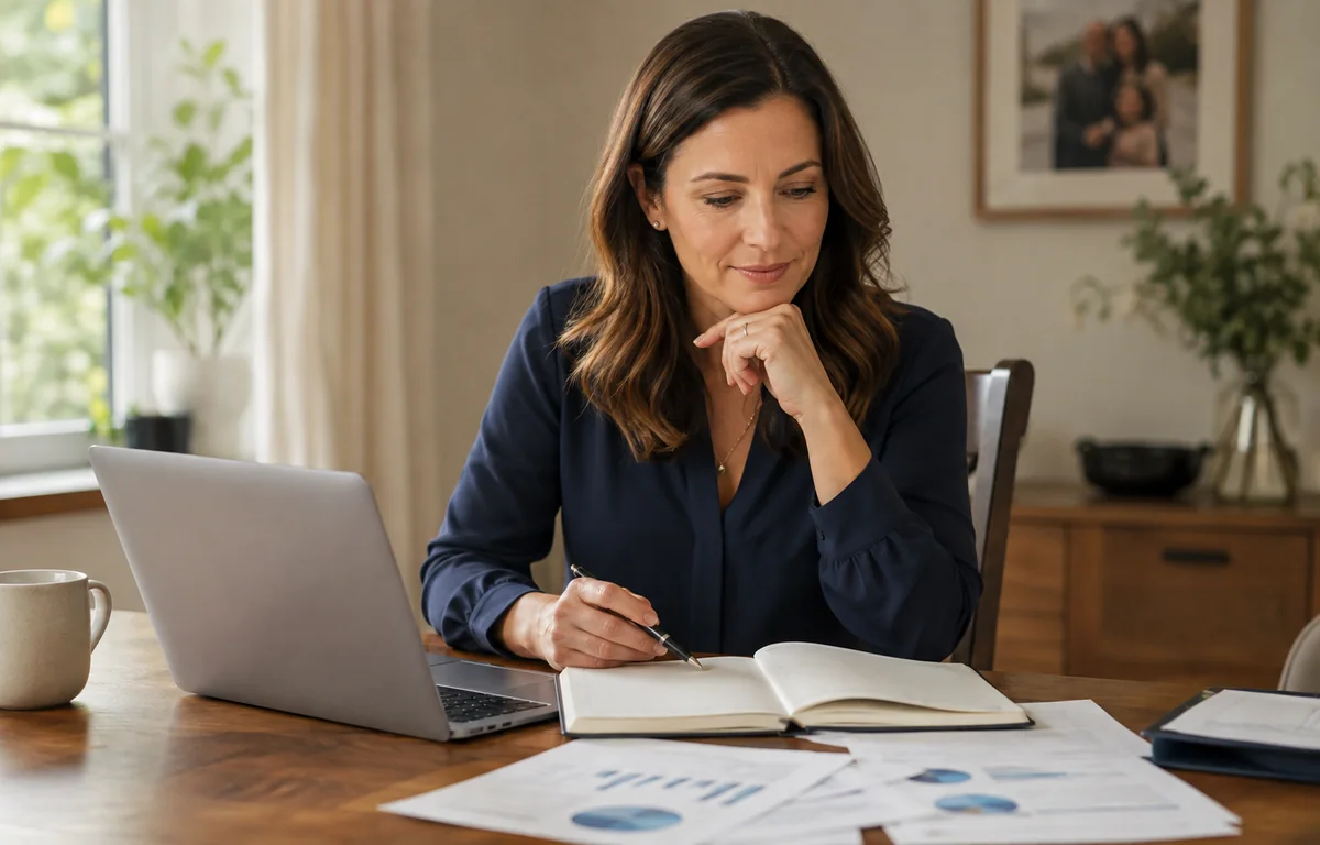 A woman at a dining table reviewing charts and notes beside a laptop while planning her next credit step