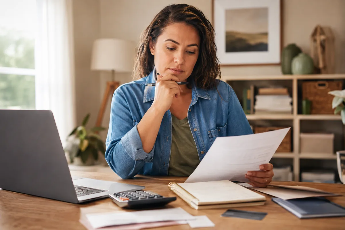 Woman weighing whether to pay a collection account while reviewing a statement and calculator.