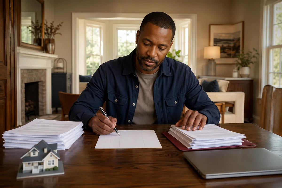 A man at a dining table working through two large stacks of loan statements with a pen and a blank worksheet