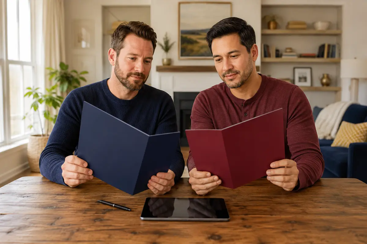 Couple comparing soft and hard credit inquiry documents