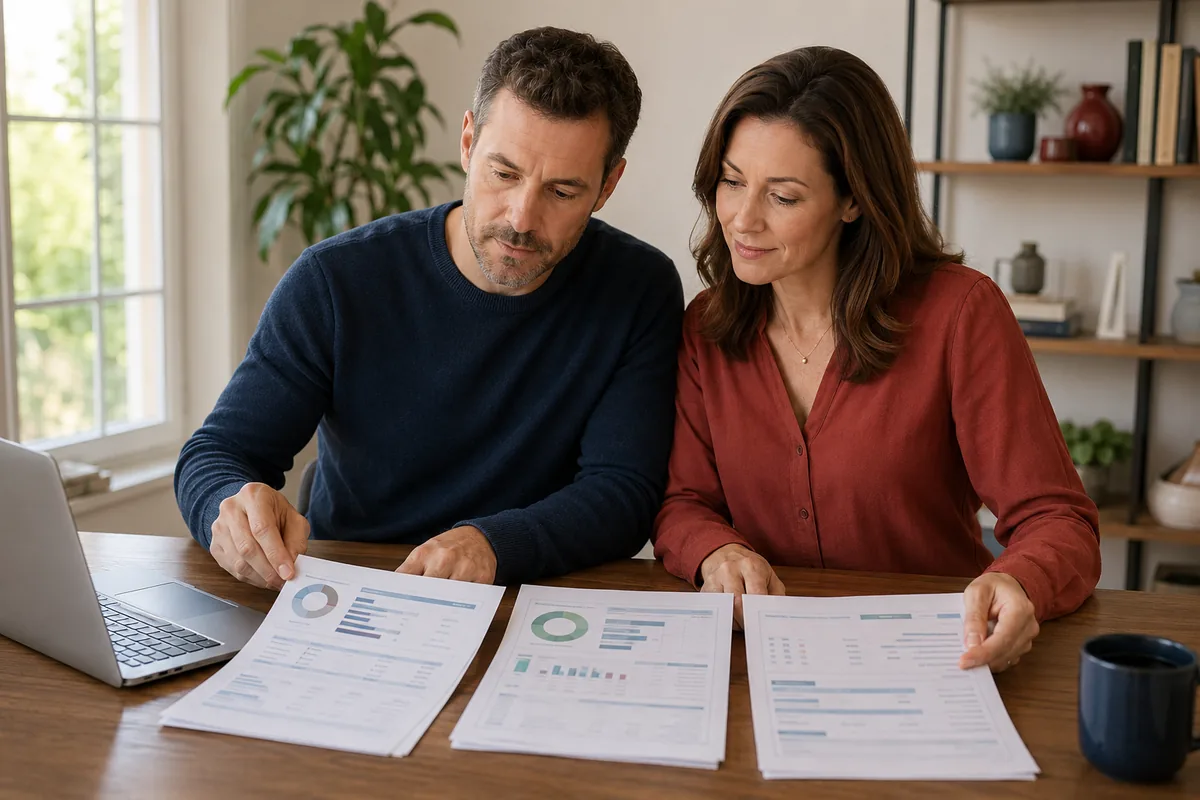 Couple comparing three credit report summaries side by side at a desk.