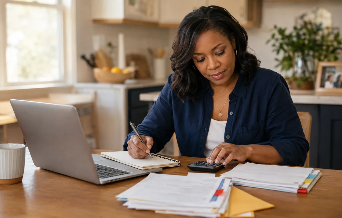 A woman working through monthly statements with a calculator and a notepad at her kitchen table