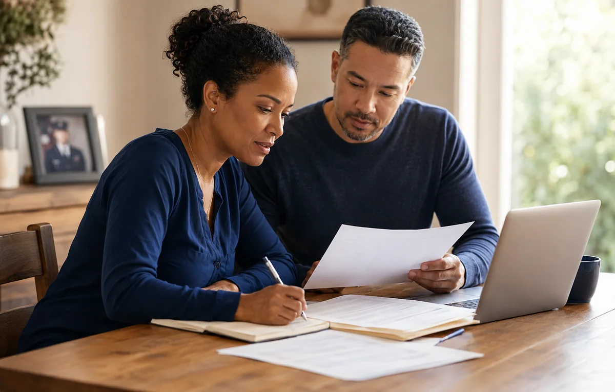 A couple reviewing loan paperwork at home, with a framed portrait of a service member on the sideboard behind them