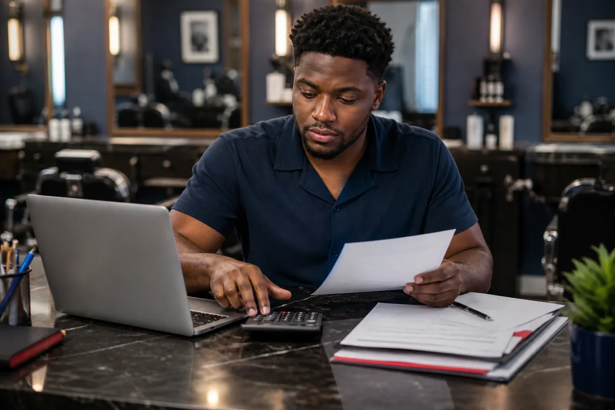 Barbershop owner reviewing credit readiness for business funding.