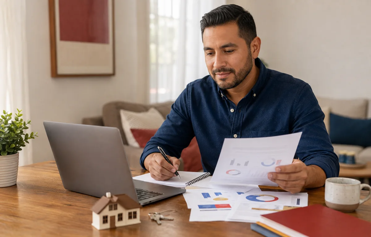 A man reviewing credit charts at home beside a laptop, a small house model and a set of house keys
