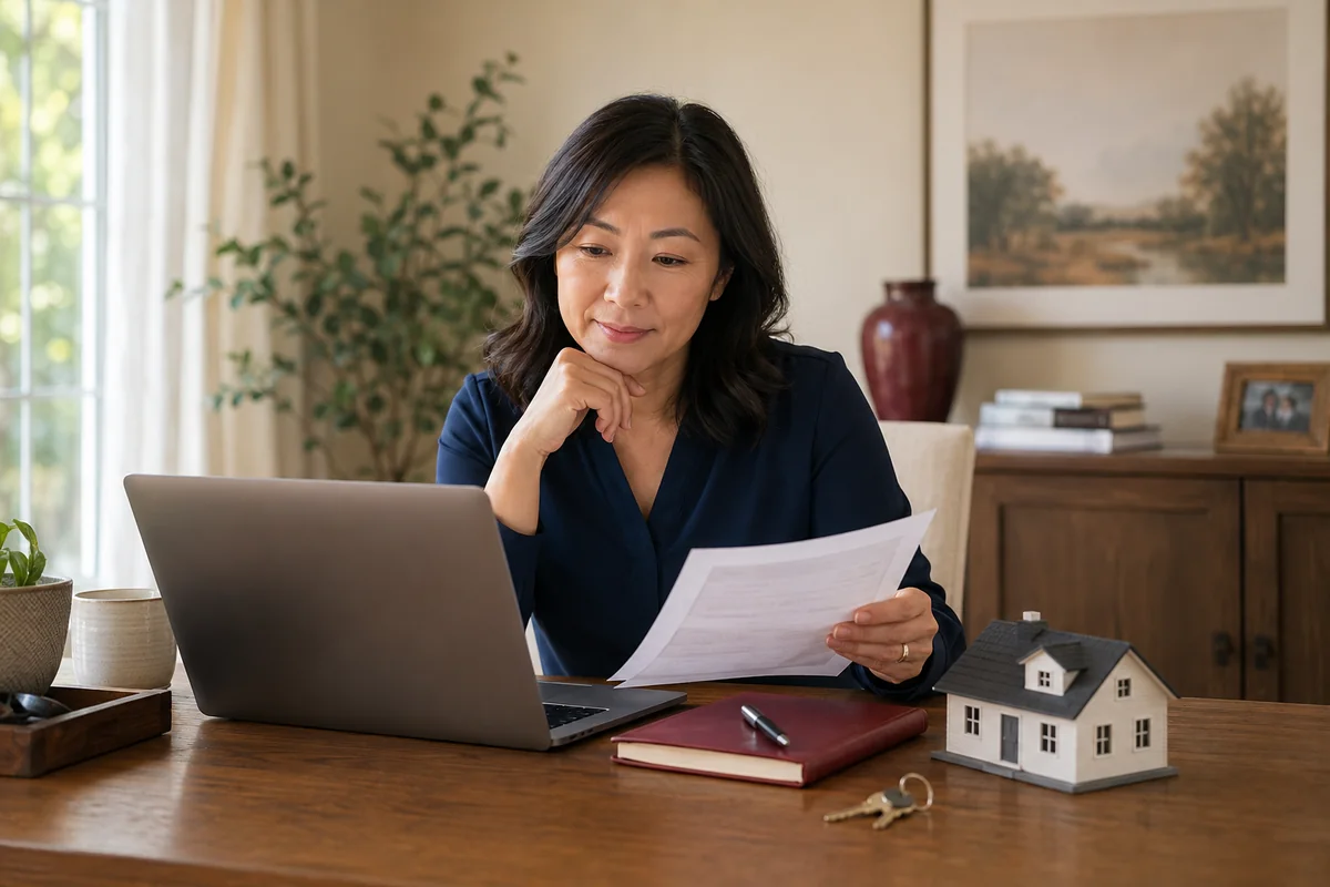 A woman reviewing a mortgage document at her desk, with a laptop, house keys and a small house model on the table