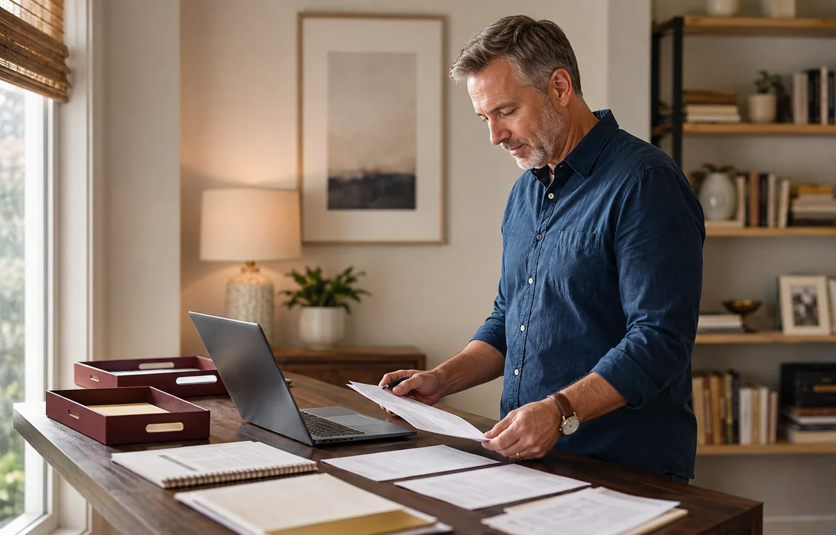 A man standing at a desk reviewing several pages of a credit file laid out side by side
